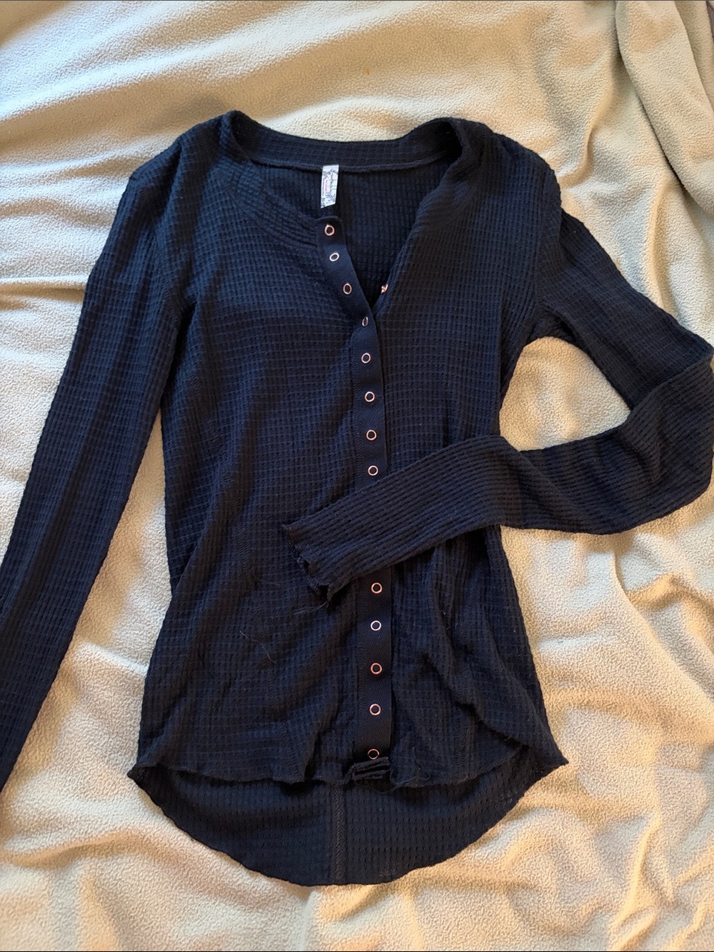 Waffle-Knit Long Sleeve Button-Front Top - Black